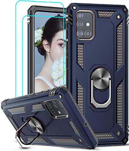 LeYi Kompatibel mit Hülle Samsung Galaxy A51 4G mit Schutzglas Schutzfolie(2 Stück),360 Grad Ring Halter Handy Hüllen Cover Bumper Schutzhülle für Case Handyhülle Blau