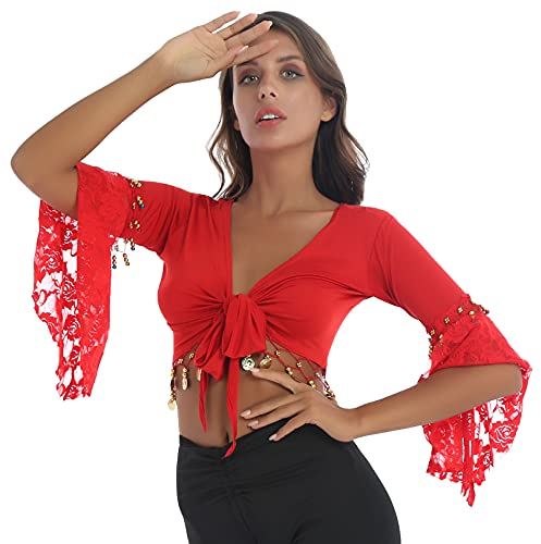JEATHA Damen Bauchtanz Kostüm Cardigan Langarm Bolero mit Quasten Spitze Patchwork Schulterjacke Shrug Top Elegant Crop Top Festlich Rot 3XL