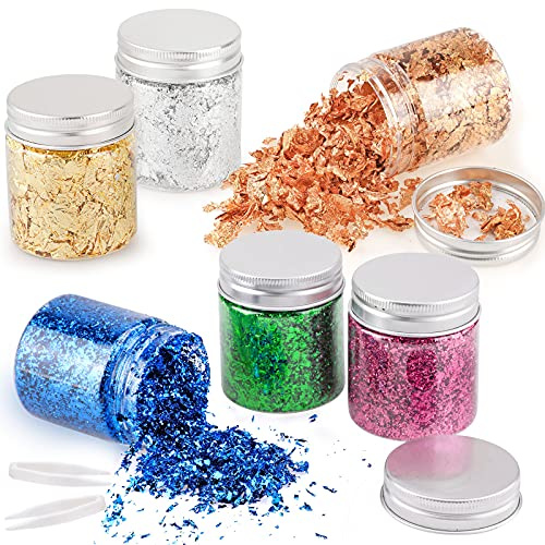 6Flashe Imitation Gold Flocken, Blattmetall Gold Blattgold Flakes Gold Blatt und Silber Blatt für Vergoldung Handwerk, Harzkunst Kunsthandwerk Nagelkunst, mit Pinzetten(Gold,Silber,Blau,Grün,Rosenrot)