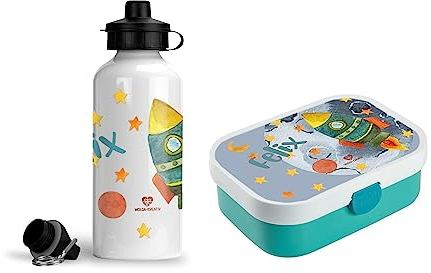 wolga-kreativ Set personalisierte Mepal Campus Frühstückxbox Kinder und Kinderflasche für Jungen Rakete mit Fächern und Unterteilungen Brotdose für Schule und Kindergarten