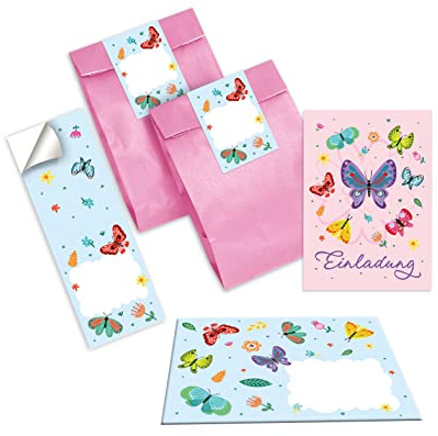 Junapack 12 Einladungskarten zum Kindergeburtstag Mädchen Schmetterlinge incl. 12 Umschläge, 12 Tüten/rosa, 12 Aufkleber