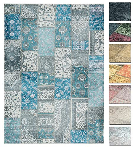 TESSO LIVING Kelim Patchwork Teppich Blau 230 X 320 cm - Maschinenwaschbar - Moderner Kurzflor Wohnzimmer Teppich - Super Soft