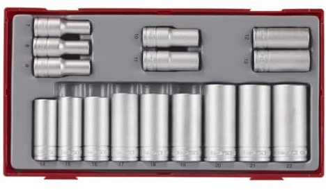 Teng Tools 16 Piece 3/8 Inch Drive 12 Point Metric Deep Chrome Vanadium Socket Set | Mechanic Tool | Hand Tool - TT381612