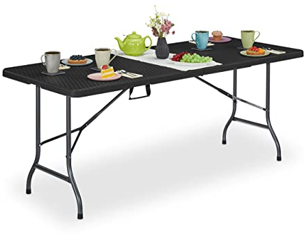 Relaxdays Gartentisch, Rattan-Optik, Tragegriff, 72x180x74 cm, Kunststoff, Metall, klappbarer Terrassentisch, schwarz