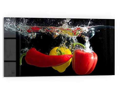 DEQORI Küchenrückwand Glas | Motiv Paprikaschoten im Wasser | 80x40 cm | Bad- oder Herd-Rückwand | Herdblende Spritzschutz für Küche & Badezimmer | moderne Deko für Fliesenspiegel