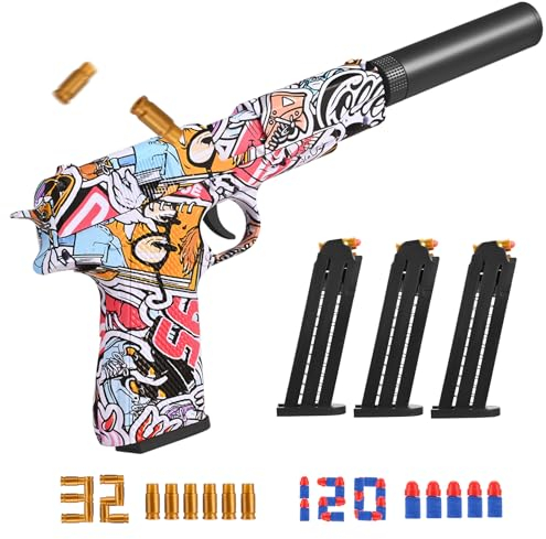 Deruaku Toy Gun, Foam Blaster, Plastic Shell Ejecting Pistol Blaster with 120 Soft Bullet, 3 Cartridge Cases and 32 Magazine, Kids Gun for Shooting Game, Present Boys/Girls 4-12 Years Old