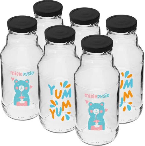 Browin 631331 Botellas vacías de cristal de 330 ml con tapón de rosca TO43, botellas de zumo, botellas de leche, botellas de 330 ml con impresión y tapón de rosca, bonitos diseños - 6 unidades