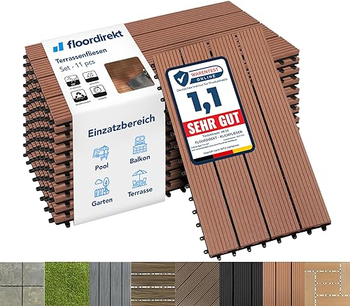 Floordirekt WPC Fliesen 60x30 cm, 1m² = 6 Terrassenfliesen, Klickfliesen, Balkonfliesen in Holzoptik - Bodenbelag für Balkon & Terrasse - wetterfest mit Drainagefunktion | Hellbraun | Royal