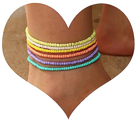 6 Pcs Böhmische Fußkettchen Armband, handgemachte Perlen Sommer Fußkettchen Armband Elastischer Faden Fußkettchen Bunte mehrschichtige Perlen Elastischer Fußschmuck für Frauen Mädchen