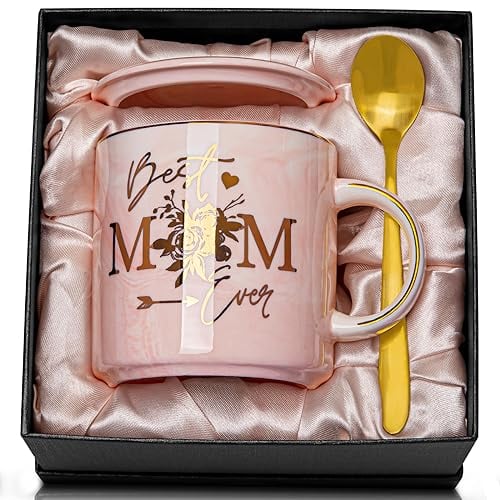 Doublewhale Mum Mothers Day Birthday Gifts, Birthday Gifts for Mum, Best Mum Gifts, 14Oz Pink Ceramic Coffee Mug with Gold Print, New Mum Gifts with Lid, Spoon, Greeting Card, Beautiful Gift Boxed