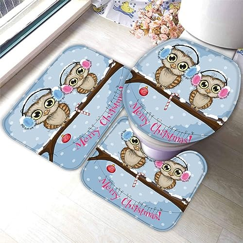 VALCLA Badezimmermatte Set Eule 3D Drucken Süße Tiere Teppich Badezimmer Badgarnitur 3teilig Mikrofaser Bath mat U-förmigen Contour Matte- WC Vorleger 40 x60