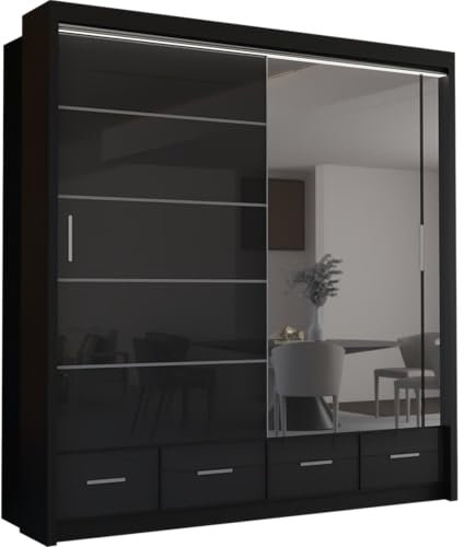 MN Furniture Derry High Gloss & Mirror Sliding Doors Wardrobe with Long Led Light and Bottom Drawers (Black, 150cm)
