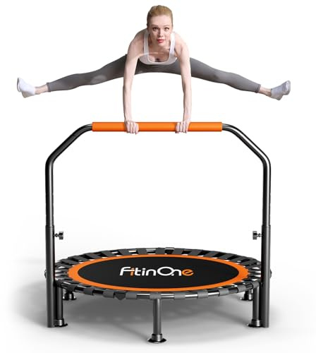 FitinOne 150KG Ø 101CM Faltbares Mini-Trampolin mit Bungee Bänder, 5-Fach Verstellbarer Schaumstoffgriff, Stabiler und leiser Fitness Indoor-Trampolin für Kinder und Erwachsene