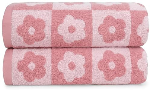 Jacquotha Baumwoll-Badetücher im 2er-Set, kariert, Blumenmuster, Pink, für Mädchen und Damen, ca. 70 x 140 cm, niedliche Dekoration für Bad und Pool