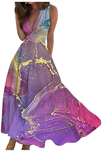 Robe Longue Fleurie Bohème Chic pour Femme - Cérémonie, Plage, Mariage - Jupe Grande Taille - Violet 2XL