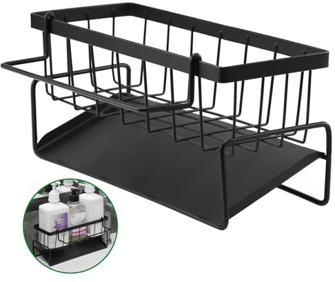 Huiguli Organizador de Fregadero, Soporte Esponja Fregadero con Bandeja Autodrenante, Cocina Organizador de Lavado con Toallero Extraíble, para Almacenamiento Baños Cocina, Negro Acero Inoxidable