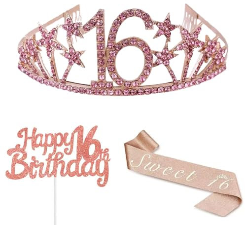 TICKLELY 16 Geburtstag MäDchen,3pcs 16. Geburtstag Krone MäDchen, Geburtstag Krone SchäRpe, MäDchen SchäRpe & Strass Tiara Kit, Geburtstag Party Dekorationen,