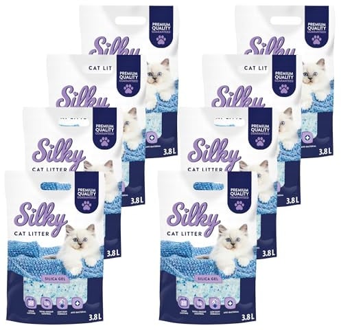 Silikat-Katzenstreu | 30,4L Satz | Hervorragende Geruchskontrolle, Staubfrei, Bakterienhemmend, Weich an den Pfoten, Extrem Saugfähig, Lang Anhaltende Frische, Silica | Silky Silikatstreu - 8er-Pack