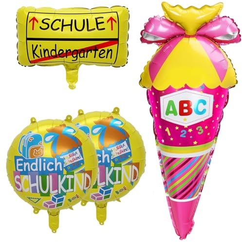 Einschulung Deko Mädchen Rosa, Zuckertüten Folienballon + SCHULE Kindergarten Ballon+ 2 HURRA SCHULE Folien ballons,Deko Einschulung Schuleinführung Schulanfang Schulkind Schulstart Schule für Mädchen