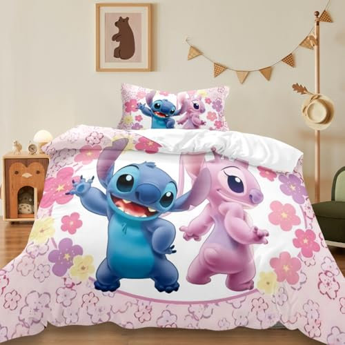 YANAYANA Kinderbettwäsche 135x200 cm, Weiche Kinder Bettwäsche Set, mit Kissenbezug 75×50 cm, Stitch Kinderbettwäsche, 3D Anime Cartoon Drucken Kinderbettwäsche (Cartoon B)