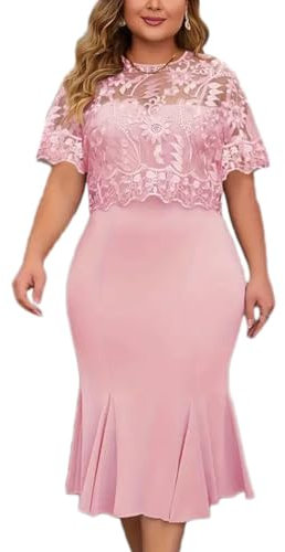 shownicer Femmes Robe de Soirée Cérémonie Grande Taille Elégante Dentelle Brodée Robes Deux Pièces Manches 3/4 à Col Rond Au Genou Dentelle Dress D Rose 3XL