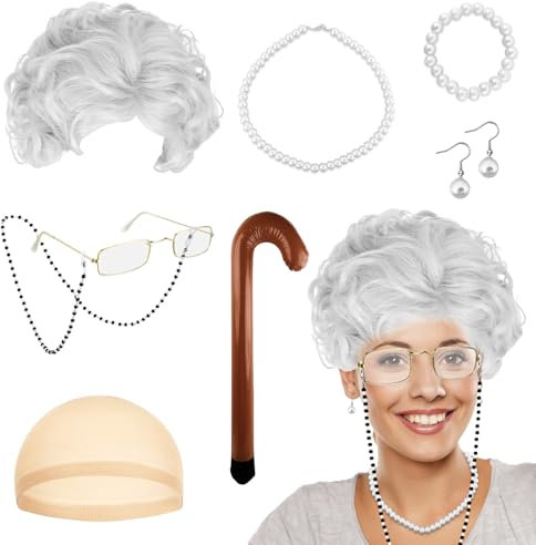 9 Stück Old Lady Kostüm Großmutter Cosplay Zubehör Set Oma Kostüm Alte Frau, Oma Perücke mit Perückenmütze, Rentner Kostüm, Perlenkette Armband Ohrringe, Brille mit Kette & aufblasbarer Gehstock
