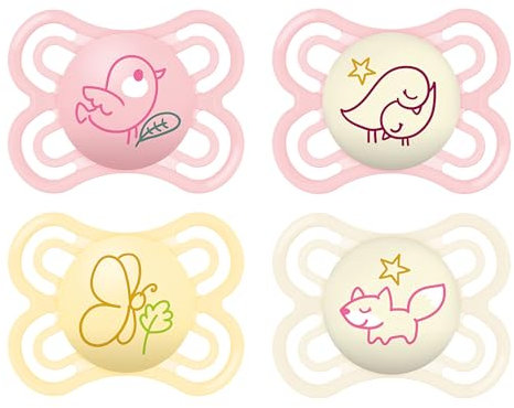 MAM Perfect Day & Night Schnuller | 0-6 Monate | Babyschnuller für Neugeborene | 94% Akzeptanz | beugt Zahnfehlstellungen vor | mit Zahnmedizinern entwickelt| SkinSoft Silikon | Vogel/Fuchs | 4 Stück
