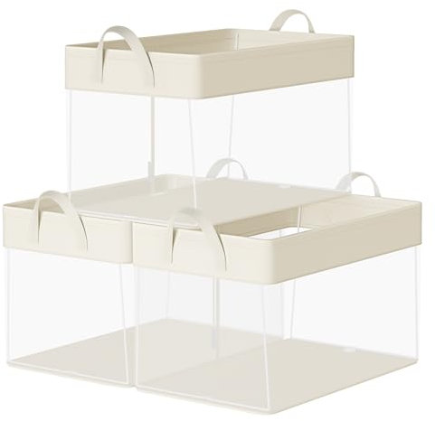 SONGMICS Storage Bins Set of 3, Large Fabric Storage Baskets, Foldable Organiser with Transparent Nylon Mesh, 50 x 30 x 30 cm, Handles, for Bedroom, Living Room, Cream White RFB950W01
