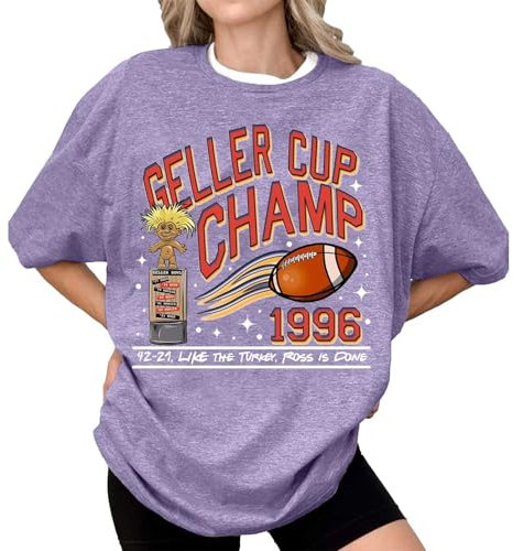 Women’s Short Sleeve Top 2025 Casual Comfort Geller Cup Shirt Friends TV Show Tee Football Trophy Graphic Tee Retro 1996 Geller Bowl Shirt Shirt Funny Thanksgiving Football Shirt Tee (Purple, L)