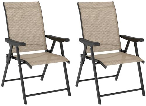 Outsunny Garden Dining Chairs Set of 2, Folding Garden Chairs with All Weather Texteline Back and Seat, Outdoor Dining Chair with Armrests, Steel Frame for Terrace Balcony, Brown