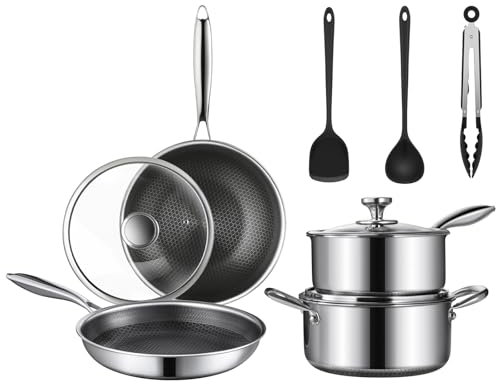 TalingMA Set di pentole in acciaio inox, 10 pezzi, a nido d'ape, antiaderenti, con coperchi, padella, padella, utensili da cucina, atossici, a induzione, lavabili in lavastoviglie