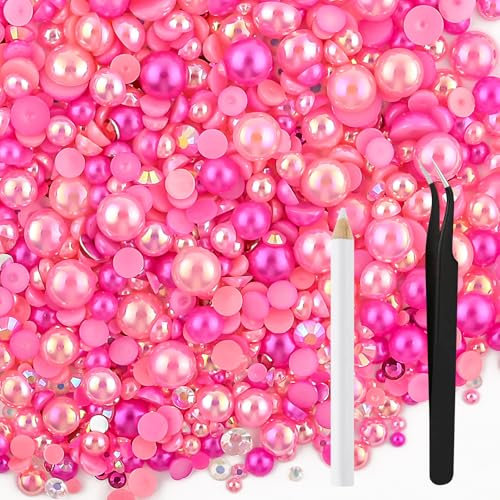 NACHLYNN 60g Mix Pearls and Rhinestones for Crafts Flatback Rhinestones Half Round Mixed Size 3mm-10mm Flatback Pearls for Crafts DIY Nail Art Shoes Clothes Tumblers Mugs (Mixed Hot Pink)