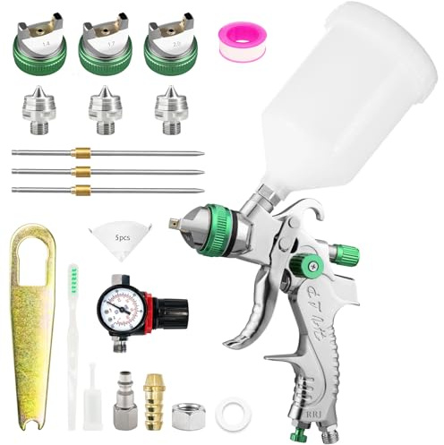 HVLP - Pistola pulverizadora con 3 boquillas - 1,4/1,7/2,0 mm, pistola de pintura profesional, pistola de pulverización de aire comprimido, pulverizadores de gravedad con vaso de plástico de 600 ml y