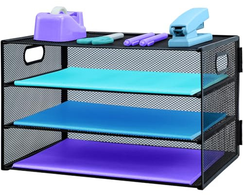 Organizer da scrivania a 3 livelli con manico, organizer per documenti in rete estraibile, per scrivania, vassoio organizer da scrivania per documenti A4, forniture per ufficio, nero