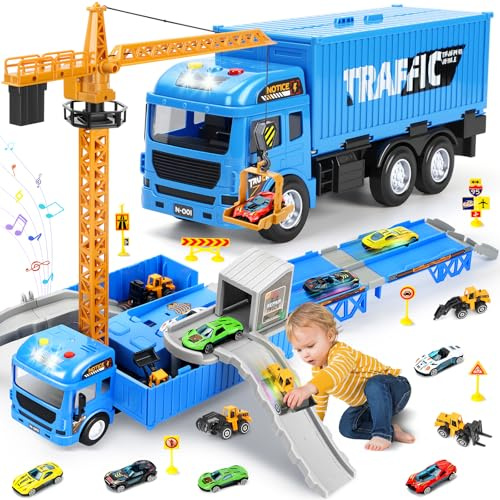 Charmofun Camion Cantiere Giocattolo per Bambini, Camion Set Veicoli da Cantiere con Musica, Luci, Doppia Pista e Torre Gru, Incluse Bulldozer, Trattore, Carrello Elevatore, Rullo, Regalo per 3+ Anni