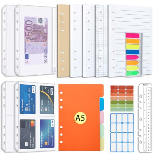 AQTAQ A5 Papier Nachfüllpapier Set 6-Loch A5 Nachfüllbare Haftnotizen 100 Blatt/200 Seiten Farbige Trennblätter Farbige Haftnotizen Lineal Umschlagtasche Für 6-Ring-Binder Tagebuch Notizbücher