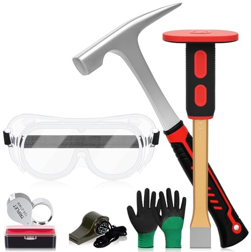 Mardatt 6Pcs Geology Rock Hammer and Chisel Kit, 32 oz. Rock Hammer & 12 Mason Chisel, Safety Glasses, Whistle, Jewelers Loupe 10X and Gloves, Rock Hounding Tools for Rock Hounding, Stone Breaking