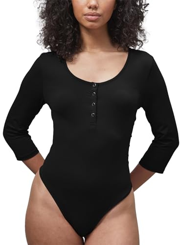 Enorsia Womens Slim Fit Bodysuit – Soft Stretch Nylon Three-Quarter Sleeve Bodysuit with Snap Closure – Round Neck Button Detail Body Top for Casual wear