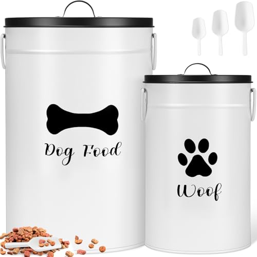 DoubleFill Extra Large 30+14 lb Metal Dog Food Storage Containers, White | Airtight Dog Treat Snack Jars with Lids and Spoon, Farmhouse Style Big Pet Cookie Storage Bin for Kitchen Counter, Set of 2