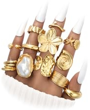 FAXHION Gold Rings for Women Non Tarnish Statement Flower Ring Set, 14K Gold Plated Stackable Open Stacking Rings, Knuckle Trendy Ring Jewelry Valentine's Day Gifts, 12PCS