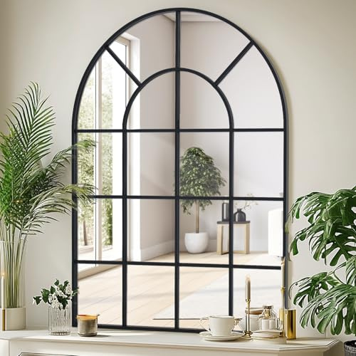 LunaMirror Espejo de ventana curvado 75 x 100 cm, marco de aluminio negro, cristal de ventana, espejo de pared para interior, salón, pasillo, entrada, exterior, decoración de jardín