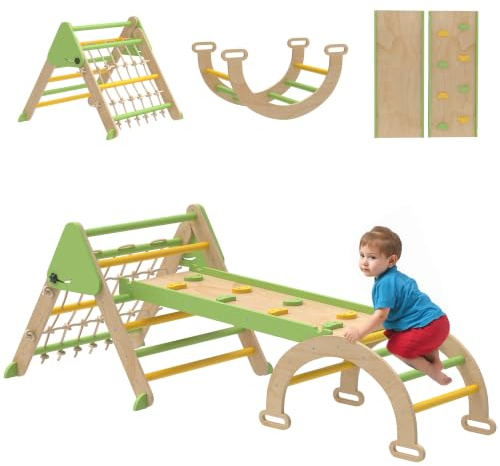 AIYAPLAY Struttura da Arrampicata per Bambini 1.5-4 Anni 8 in 1 in Legno | Scala a Triangolo Pieghevole, Arco Montessori con Scivolo, Palestra Montessori, Parco Giochi per Interni