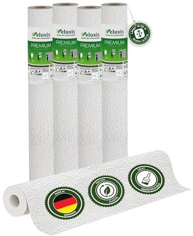 Veluxis Vliestapete Premium 4er-Set Feine Putzstruktur – 10,05 m × 0,53 m | Renoviervlies Feine Putzstruktur, rissüberbrückend, blickdicht, überstreichbar, Made in Germany I Veluxis ®
