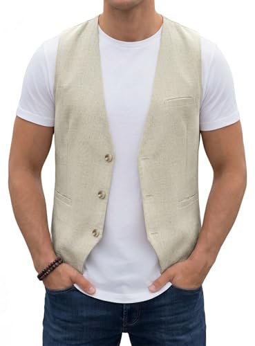 HISDERN Gilet en coton lin pour homme uni décontracté avec poches idéal pour l'été Beige XL