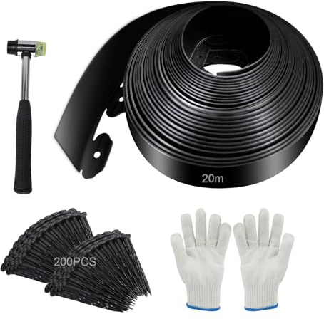 Storystore Flexible Rasenkante Kunststoff 20m Lang 10cm Hoch Beetumrandung Garten Rasenkanten mit 200 Erdanker, Plastic Beeteinfassung Rasenkante Beetumrandung Rasenbegrenzung, Schwarz