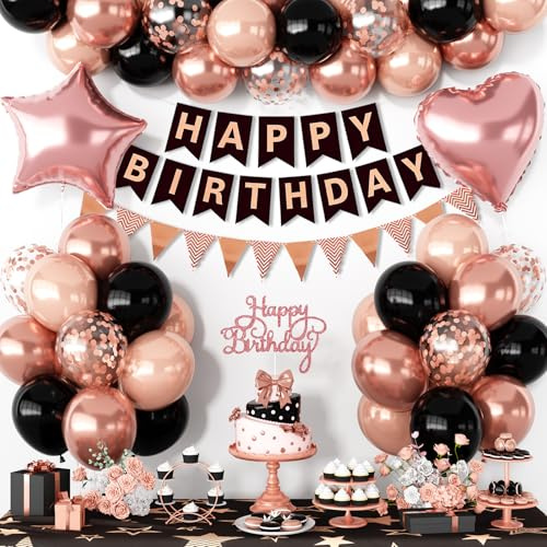 Luftballons Geburtstag, Set Deko für Geburtstage, Schwarz, Perlmutt Rosa, Metallic Rosa, Pailletten Rosa Latexballons für Partys, Roségoldene Herz- und Stern-Folienballons für Hochzeit Dekoration