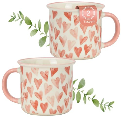 matches21 HOME & HOBBY Kaffeetassen Herz-Dekor Rosa, Kaffeebecher 2er Set, 370 ml - Romantische Teetassen aus Porzellan