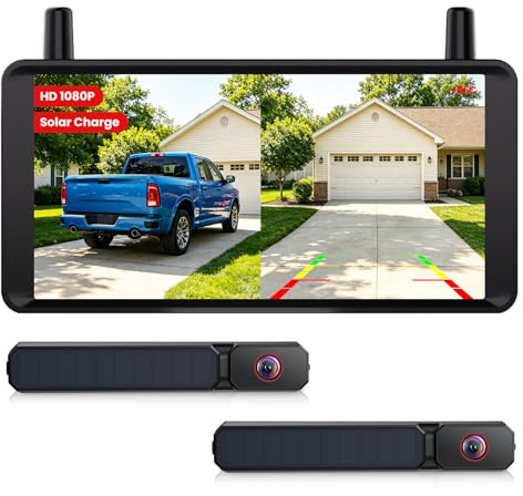 AUTO-VOX 2 Solar Wireless Reversing Camera kit with 6 Inch 1080P Monitor | No Drilling 1-Min Install, Color Night Vision, Split Screen View, Long Battery & Solar Charging Reversing Camera for Car Van