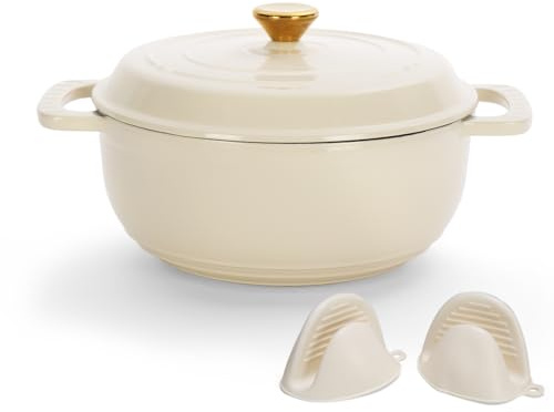 ROVSON Enamelled Cast Iron Dutch Oven, Casserole Dish with Lid and Silicone Gloves, Oven Safe Pot for Bread Baking, Braising and Stews (Ivory White, 5QT)