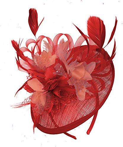 Caprilite Red and Coral Sinamay Disc Saucer Fascinator Hat for Women Weddings Headband